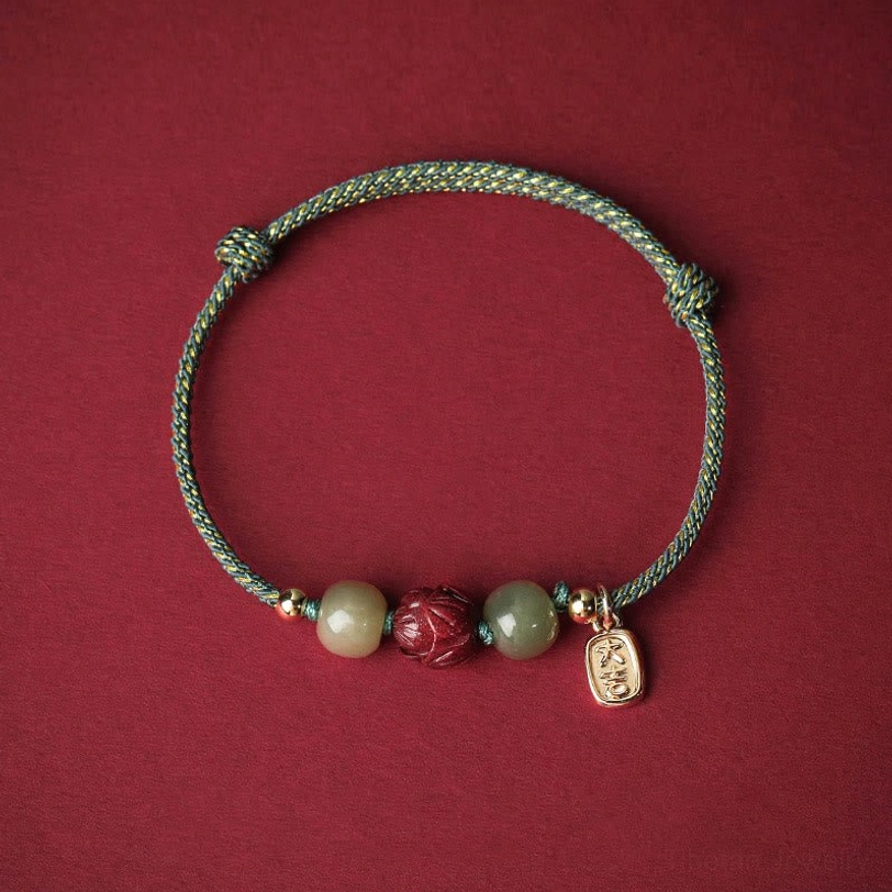 Cyan silk rope Hetian jade lucky bracelet with protective Tibetan blessing cord