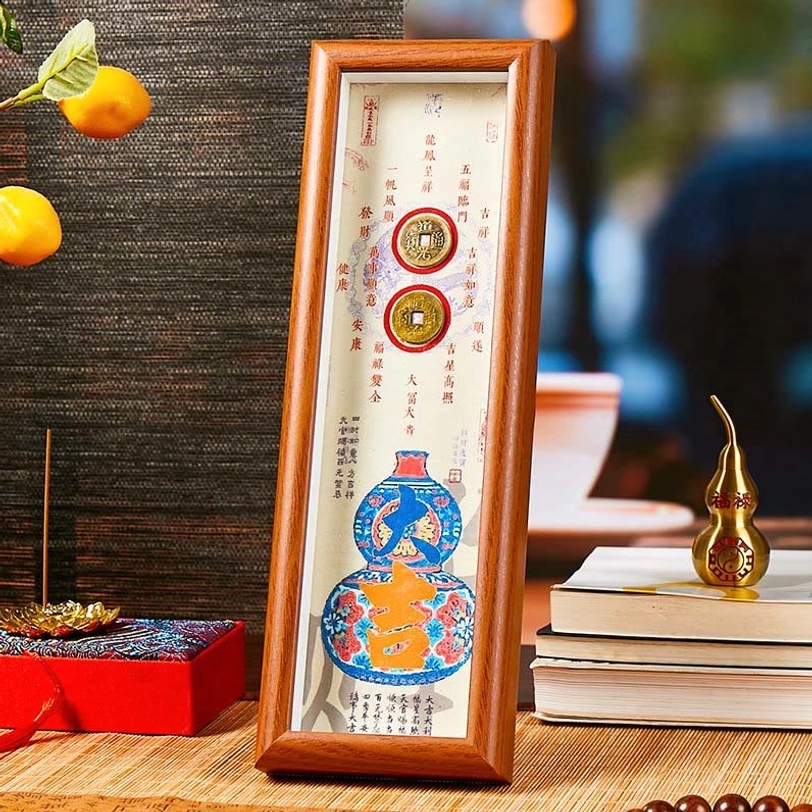 Da ji blue gourd pattern handcrafted photo frame with copper coins and wooden base