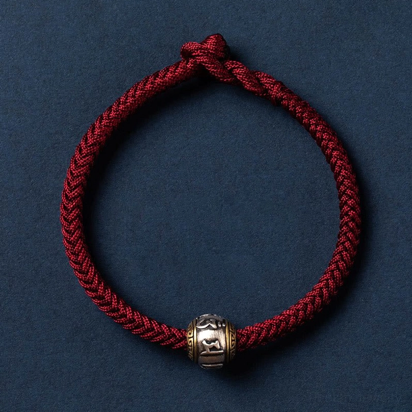 Dark red Om Mani Padme Hum Tibetan bracelet variant with 925 sterling silver charm