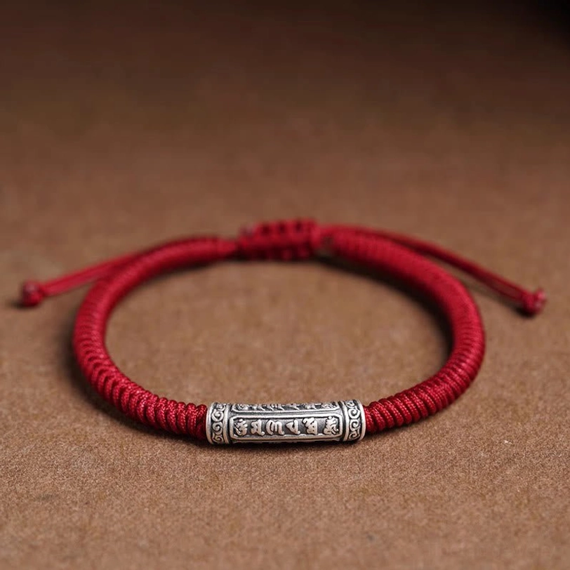 Dark red burgundy Tibetan lucky rope bracelet with 999 sterling silver mantra charm, artisan handcrafted design