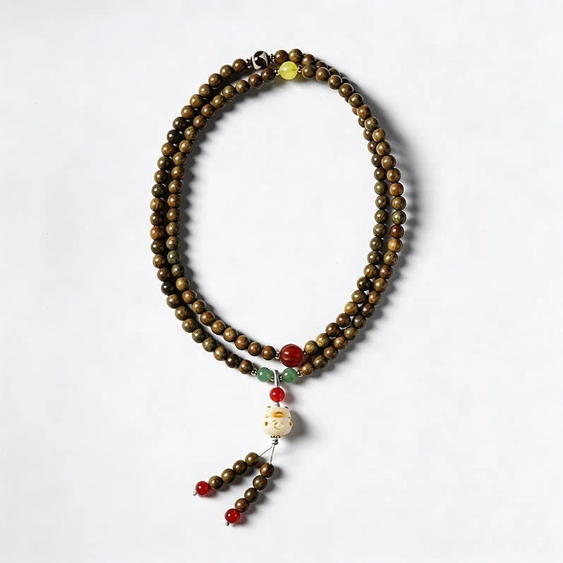Dark sandalwood mala bracelet with red agate beads and cat charm tassel on pure white background, front flat view