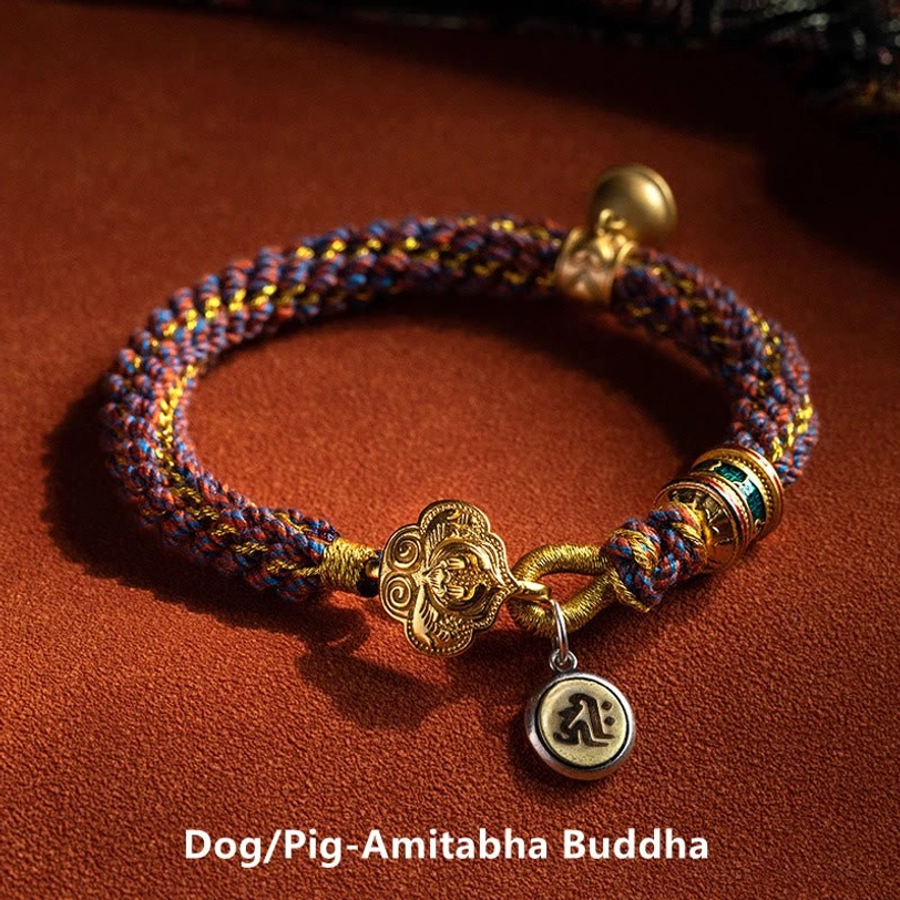 Dog and pig zodiac Amitabha Buddha bracelet with sterling silver bell and luck protection