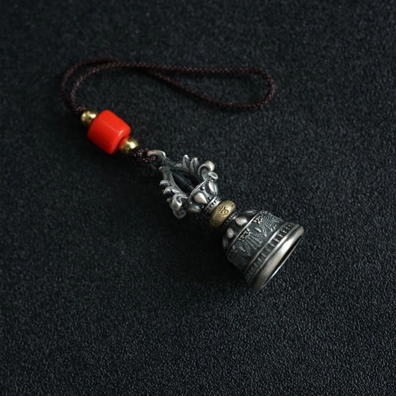 Dorje bell hanging decoration with red decorative bead and brown natural cord, ready-to-hang Tibetan ornament