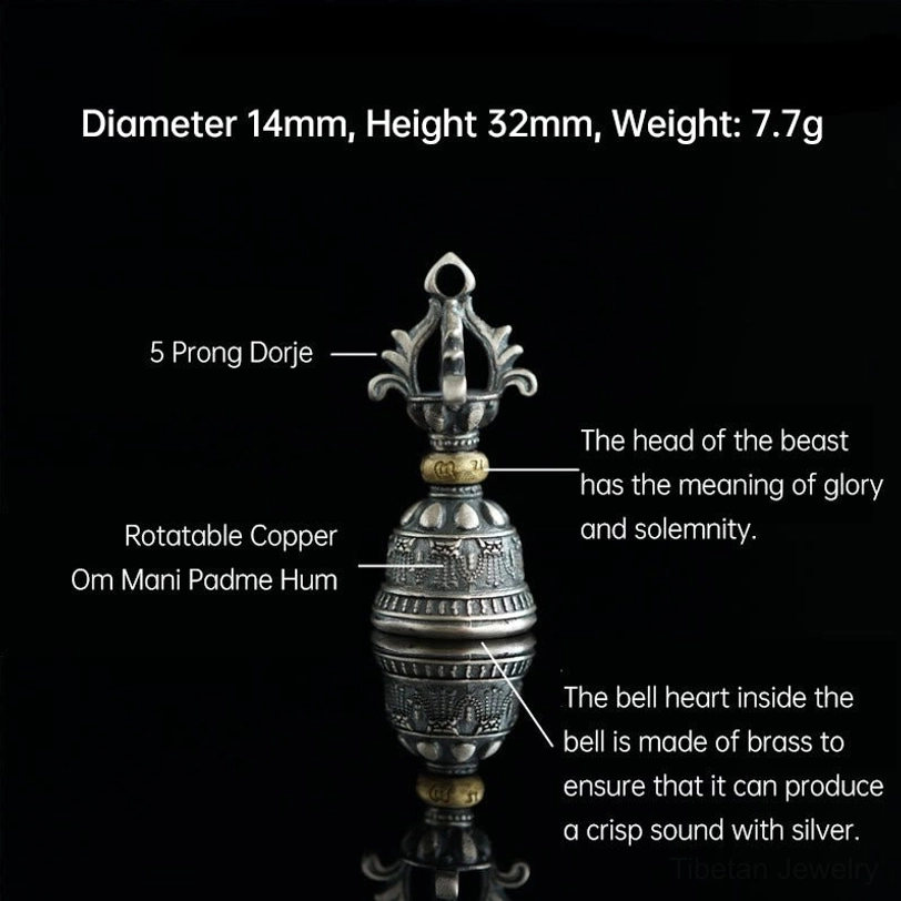 Product information chart for Tibetan dorje bell with size specifications, material details, and spiritual meaning annotations