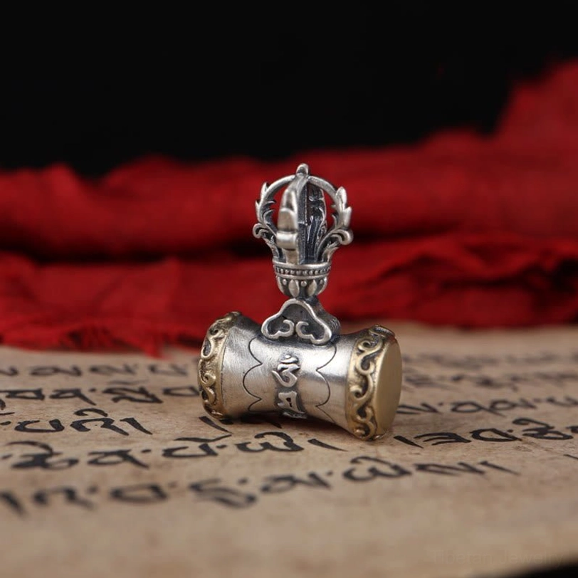 Dorje drum pendant variant in 925 sterling silver with compact proportions, alternative style for spiritual seekers