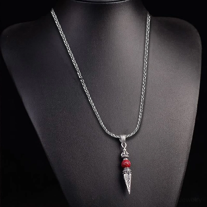 Dorje vajra pendant necklace worn on display mannequin at chest level showing jewelry styling and fit