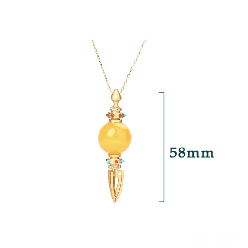 24K gold plated amber dorje vajra pendant with size measurement label showing 58mm dimensions on white background