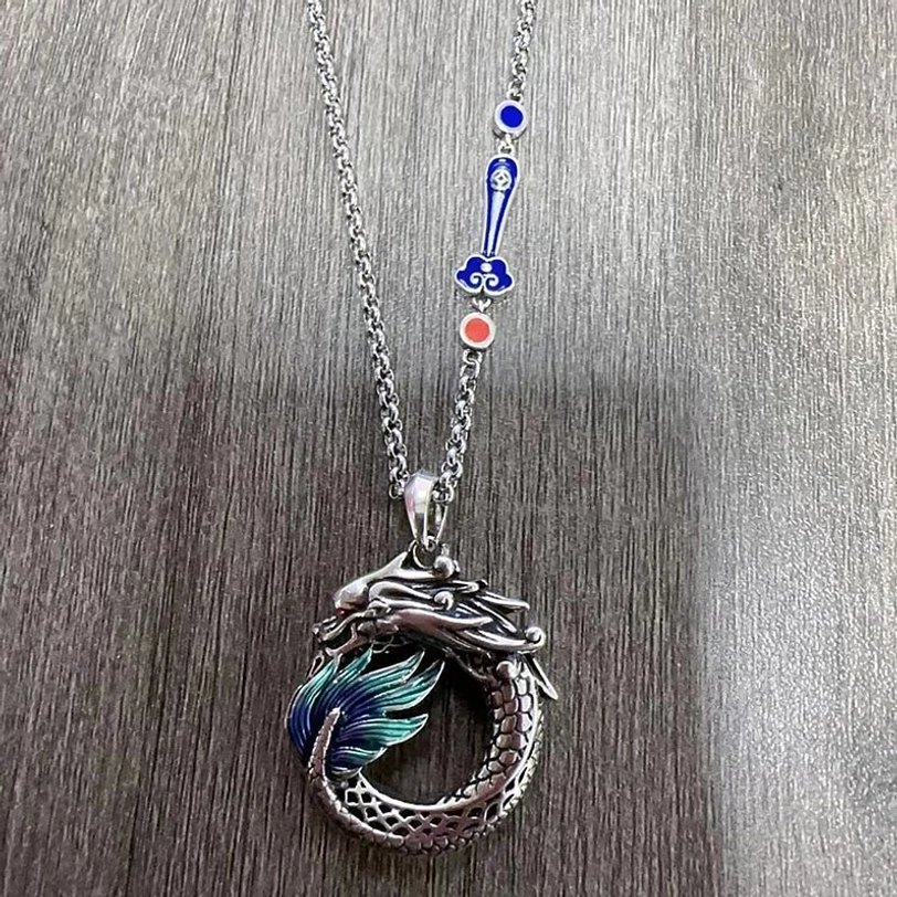 Dragon necklace with auspicious cloud chain - Tibetan Buddhist inspired design