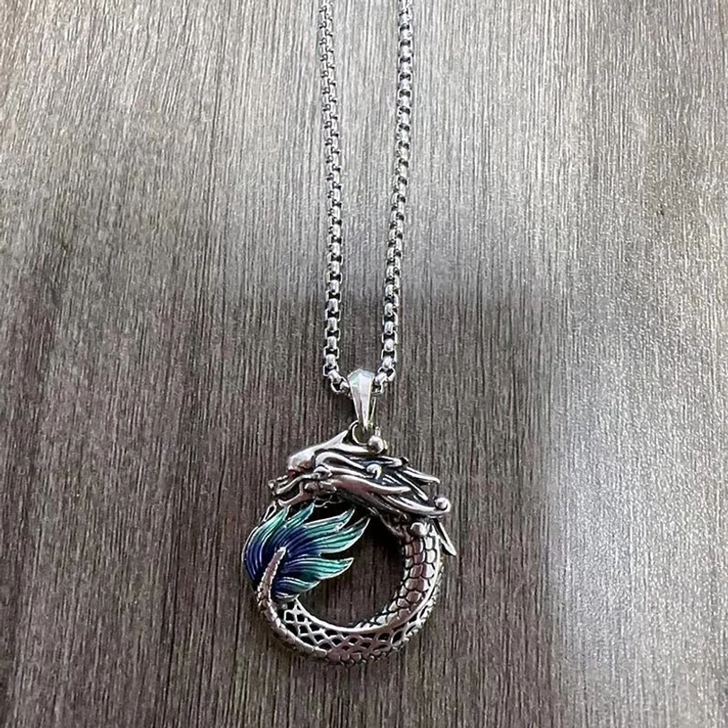 Tibetan dragon copper pendant with silver wheat chain and pearl chain option - carved details