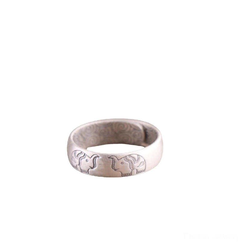 dual elephant engraved sterling silver blessing ring - matte finish open adjustable band unisex