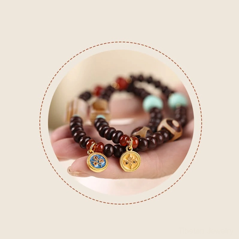 Dzi bead bracelet with purple bodhi seeds and natural gemstones - authentic Tibetan spiritual protection and prosperity talisman