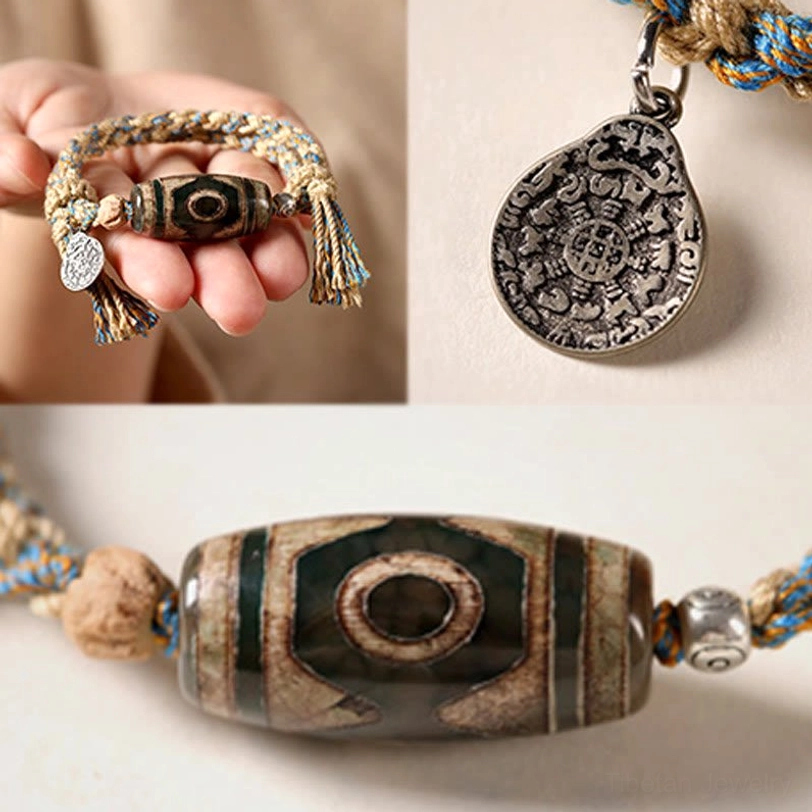 Dzi bead bracelet component close-ups texture engraved metal pendant braided rope connection