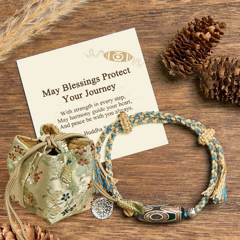 Nine-eye Dzi bead protection bracelet with deluxe gift bag package option featuring premium presentation for spiritual gift-giving