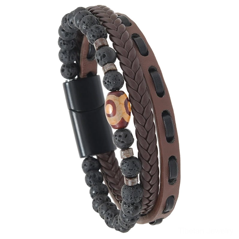 Layered brown and black leather Dzi bead bracelet with lava rock beads and secure magnetic buckle closure detail