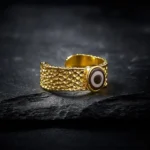 Nine-eye Dzi bead copper brass adjustable ring front view with hand-painted pattern