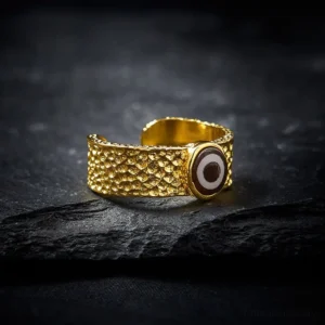Nine-eye Dzi bead copper brass adjustable ring front view with hand-painted pattern