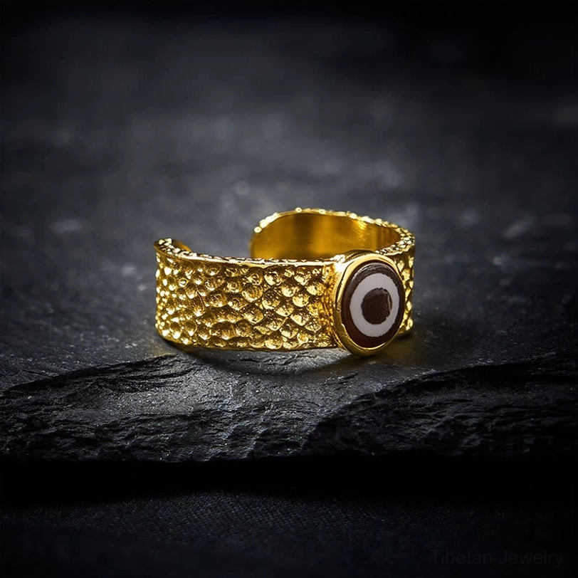 Nine-eye Dzi bead copper brass adjustable ring front view with hand-painted pattern
