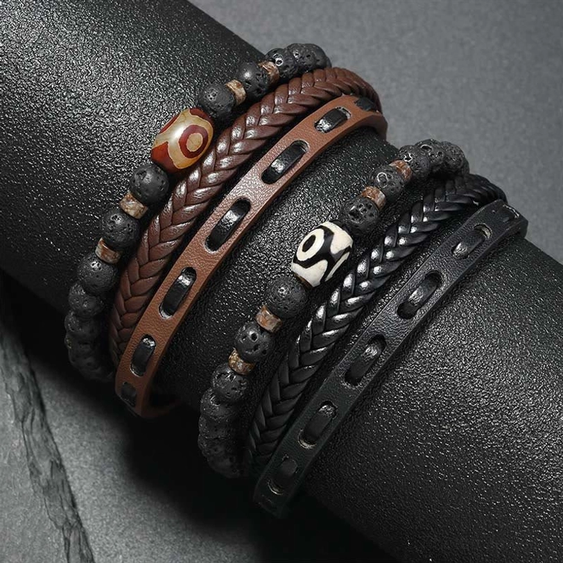 Nine-Eye Dzi bead lava rock multilayered leather wealth protection bracelet lifestyle styled shot on wrist