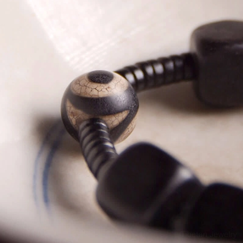 Dzi bead bracelet macro close-up highlighting hand-painted eye pattern single-eye dzi bead spiral spacer and square ebony wood beads