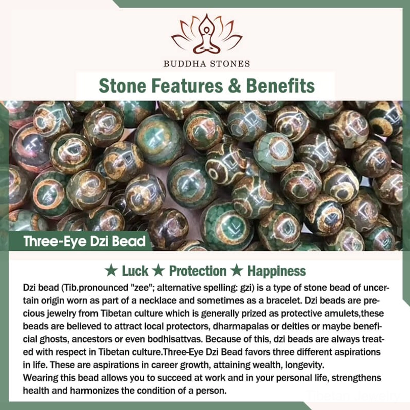 Dzi bead collection and benefits promotional display - flat lay marketing content showing multiple dzi bead samples, luck protection happiness symbols, and Buddha Stones brand
