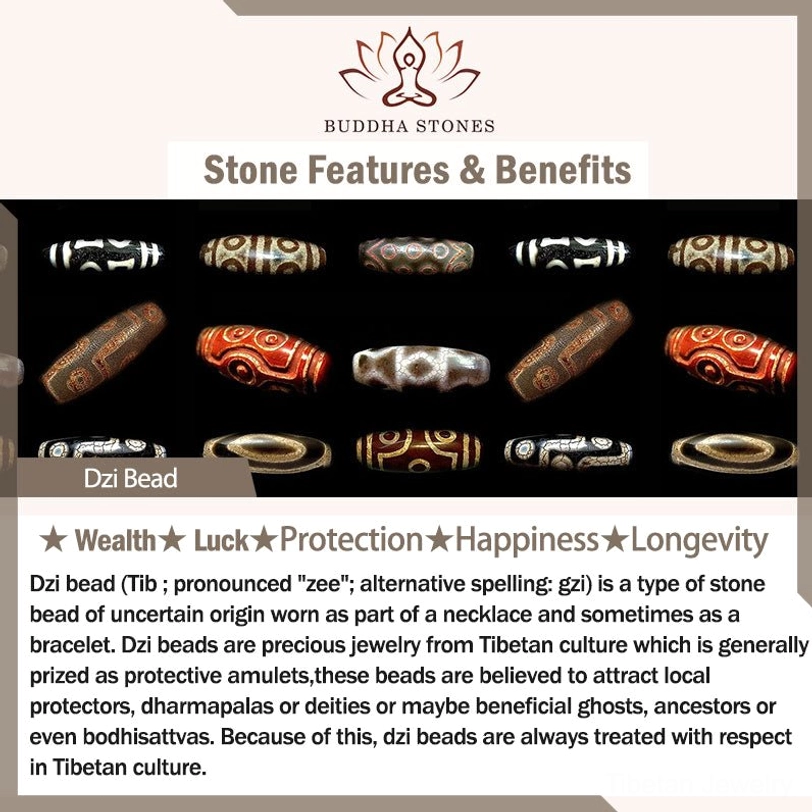 General dzi bead promotion page displaying multiple dzi bead styles and related spiritual benefits with BUDDHA STONES branding