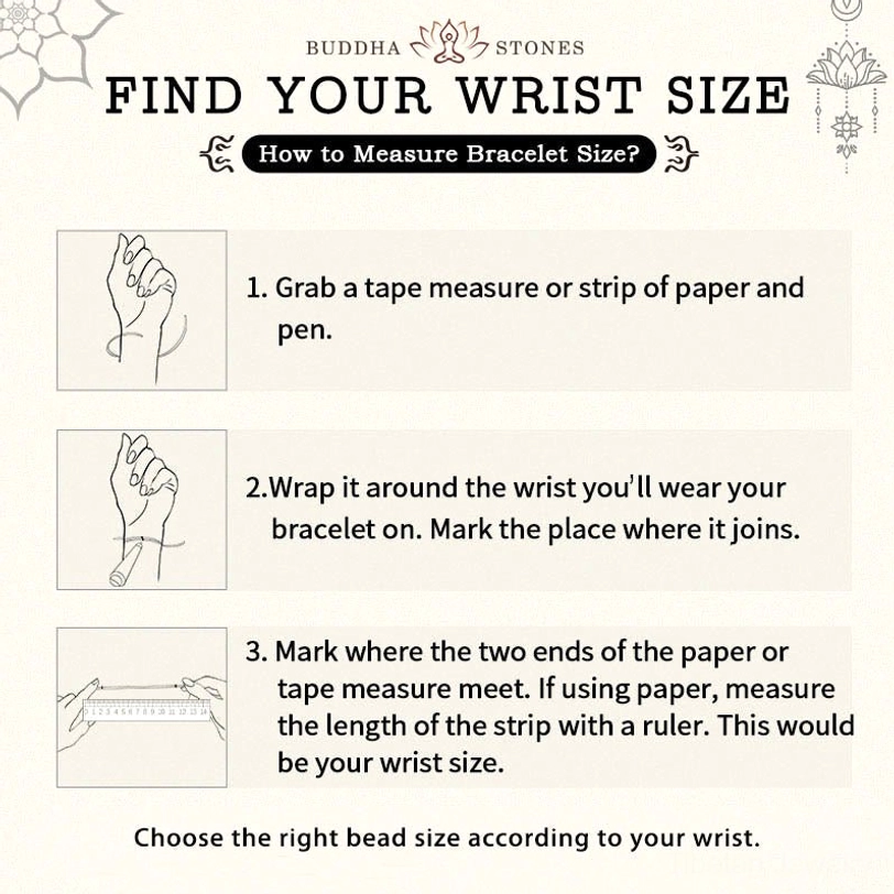 Tibetan Dzi bead bracelet wrist sizing guide showing measurement instructions with hand graphics for 15-25cm fit