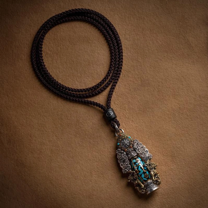 Dzi bead Buddha necklace turquoise inlay artisan-made Tibetan spiritual jewelry with chakra healing and manifesting properties