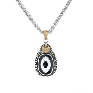 Dzi Bead Garuda Pendant with silver wheat-link chain - close-up front view on white background