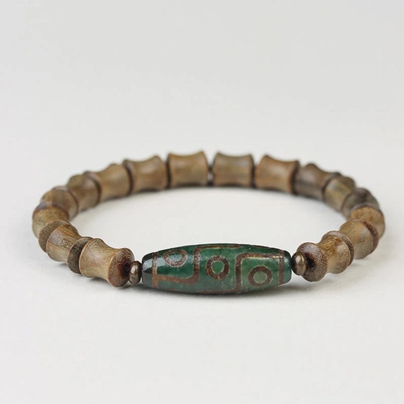 Nine-eye dzi green sandalwood bracelet natural stone bead features showing authentic tibetan spiritual jewelry construction