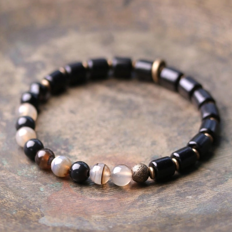 Ebony wood and colorful agate gemstone bracelet with mixed red jasper moss agate beads in couple or pair style