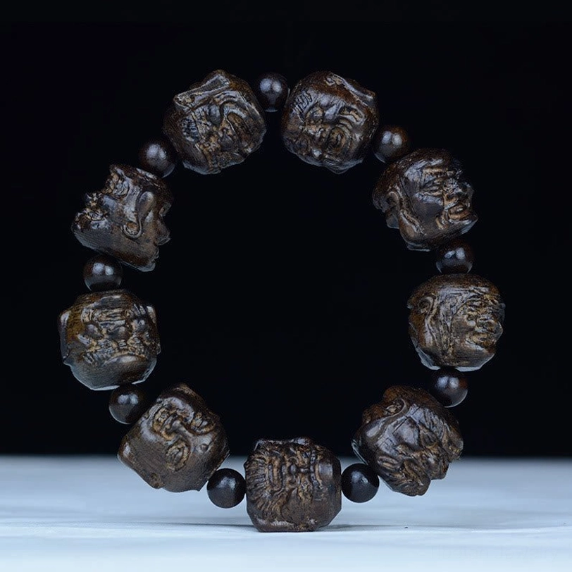 Ebony wood eighteen arhats carved wooden bracelet with hand-engraved arhat beads and spacer beads in dark brown finish