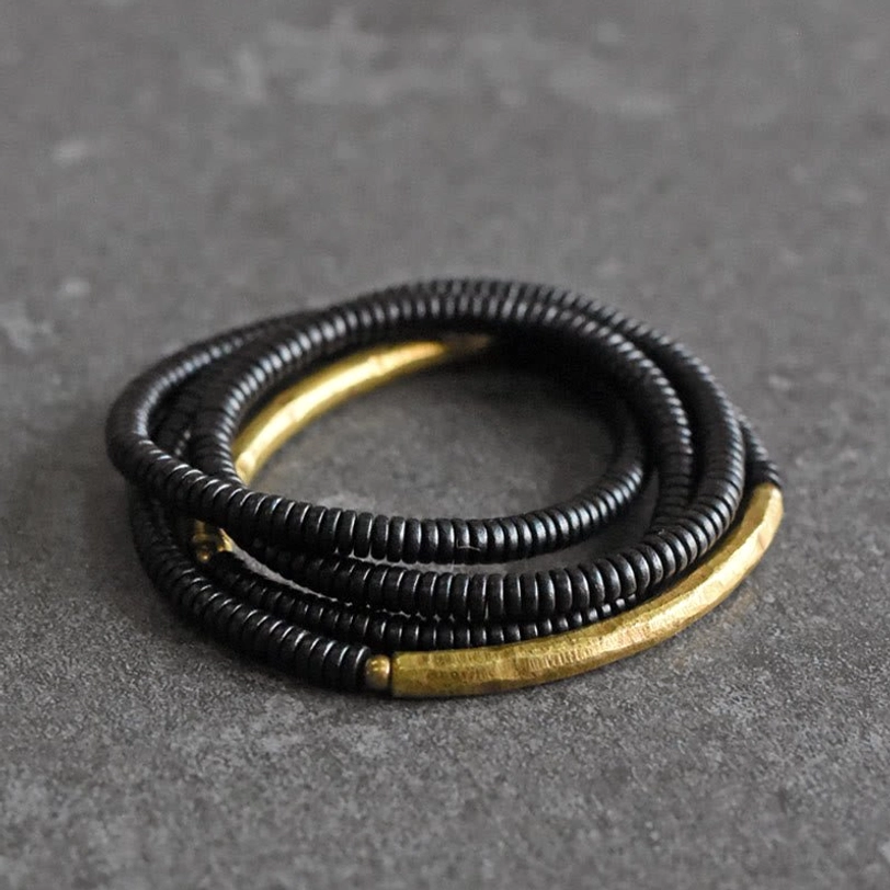 Ebony wood brass multilayered bracelet low angle polished metal detail