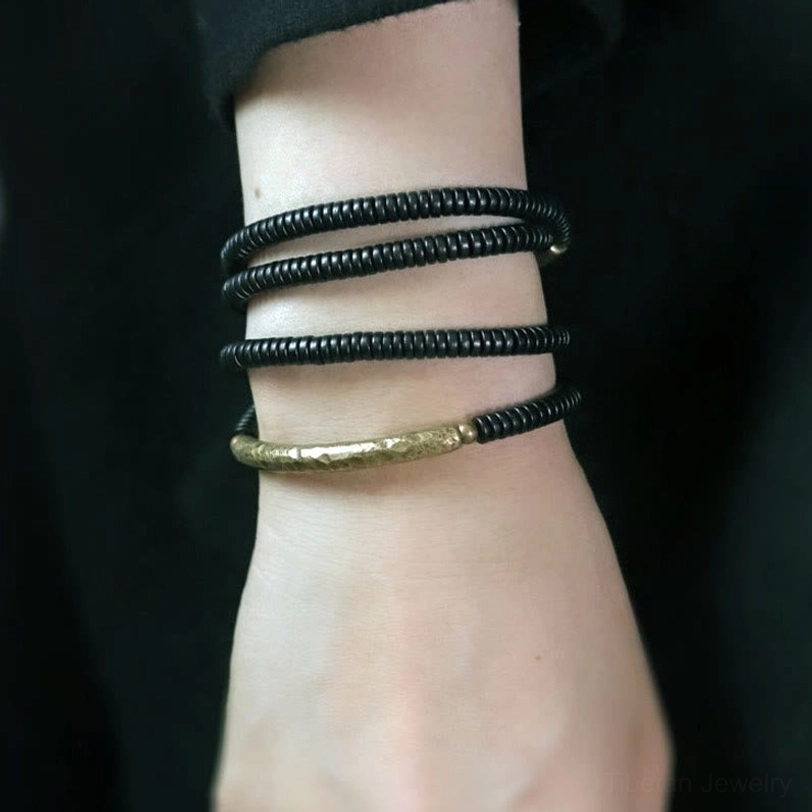 Ebony wood brass bracelet stacking multiple strands energy amplification