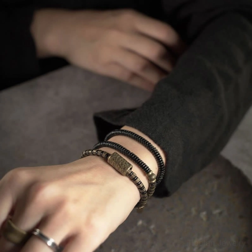 Ebony wood copper bracelet with detachable metal tag pendant for personalization