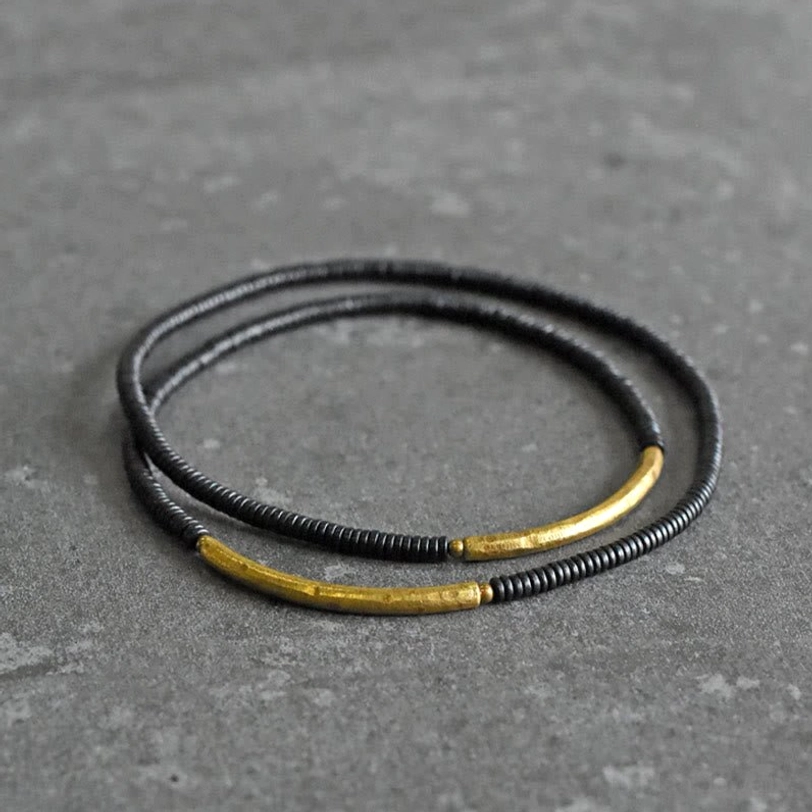 Dual-strand ebony wood brass bracelet with brushed gold bars detail shot