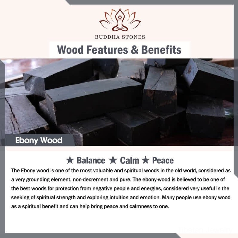 Ebony wood spiritual properties guide showing balance, calm, and peace benefits for Tibetan necklace