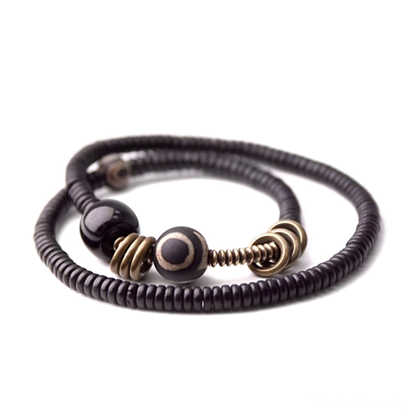 Handmade sustainable Dzi bead double wrap bracelet with eco-friendly natural materials