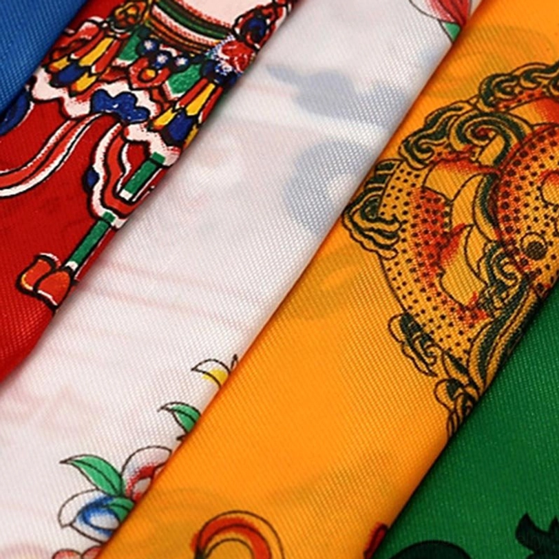 Eco-friendly Tibetan khata scarves showing sustainable satin polyester material with vibrant color preservation and glossy finish