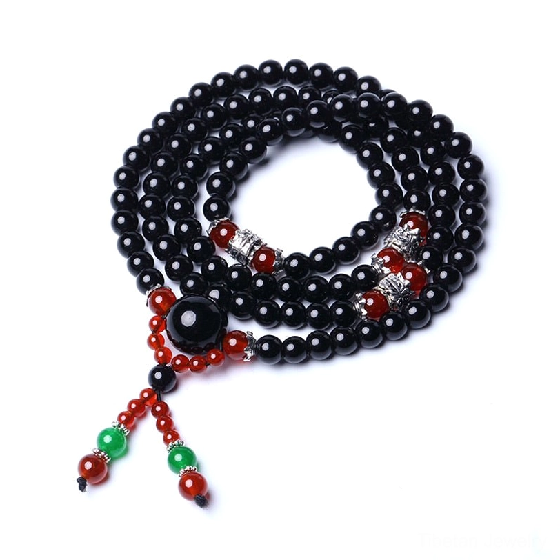 Eco-friendly tibetan 108 bead mala bracelet obsidian tiger eye sustainable spiritual crystal