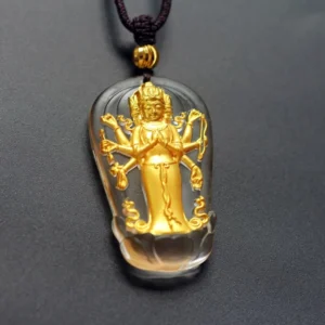 Eight-armed Avalokitesvara Guanyin Buddha gold-plated Liuli crystal pendant with brown necklace cord and gold accent bead, frontal studio view