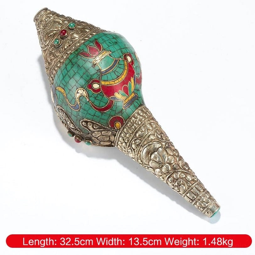 Eight auspicious symbols vase style Tibetan conch shell decoration with double dorje and turquoise, premium handcrafted ornament