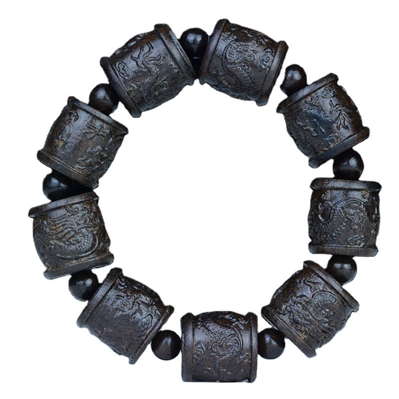Eighteen arhats carved ebony wood bracelet showing enlightened beings spiritual protection symbolism