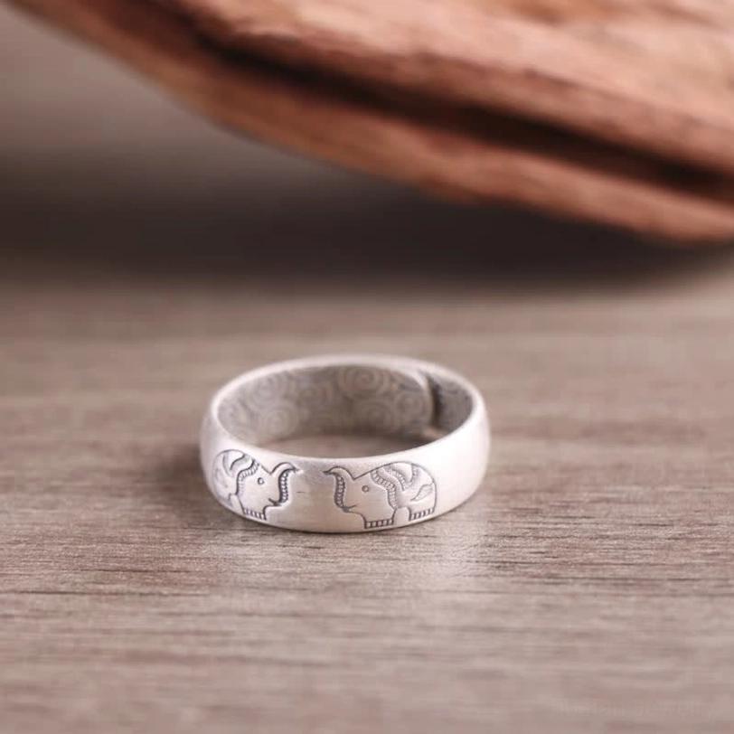 elephant engraved sterling silver tibetan blessing ring - strength wisdom protection symbol