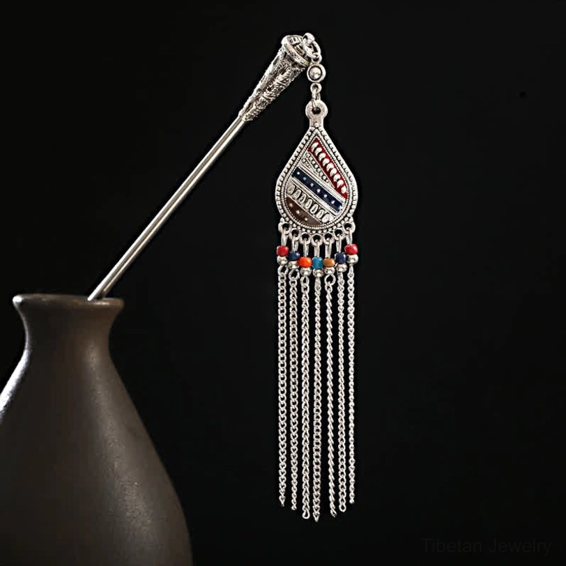 Ethnic tassel hairpin left profile with multicolor enamel pendant and colorful bead details