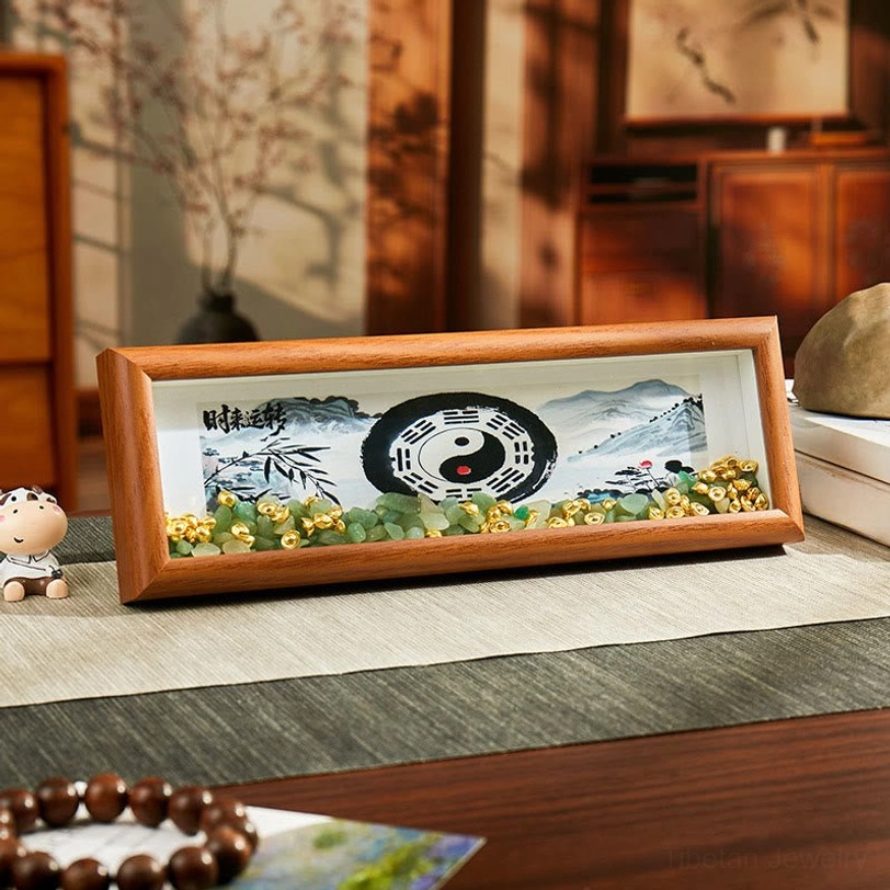 Feng Shui Bagua ornament photo frame with central Yin Yang, koi fish and natural green crystal home decor piece