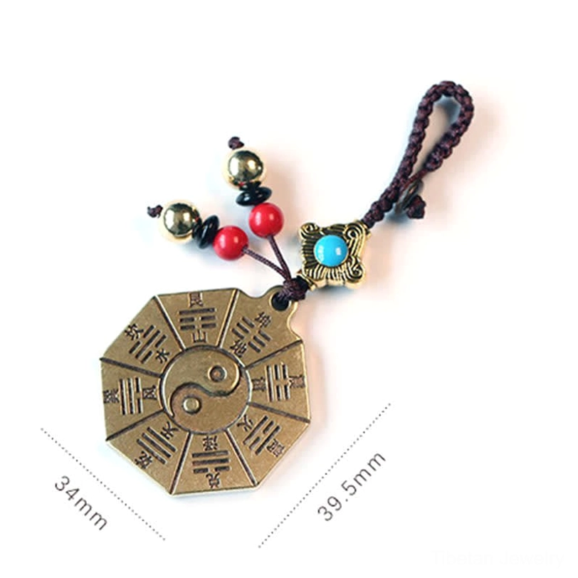 Feng Shui brass keychain charm collection featuring Bagua, Prayer Wheel, and mantra designs, portfolio view