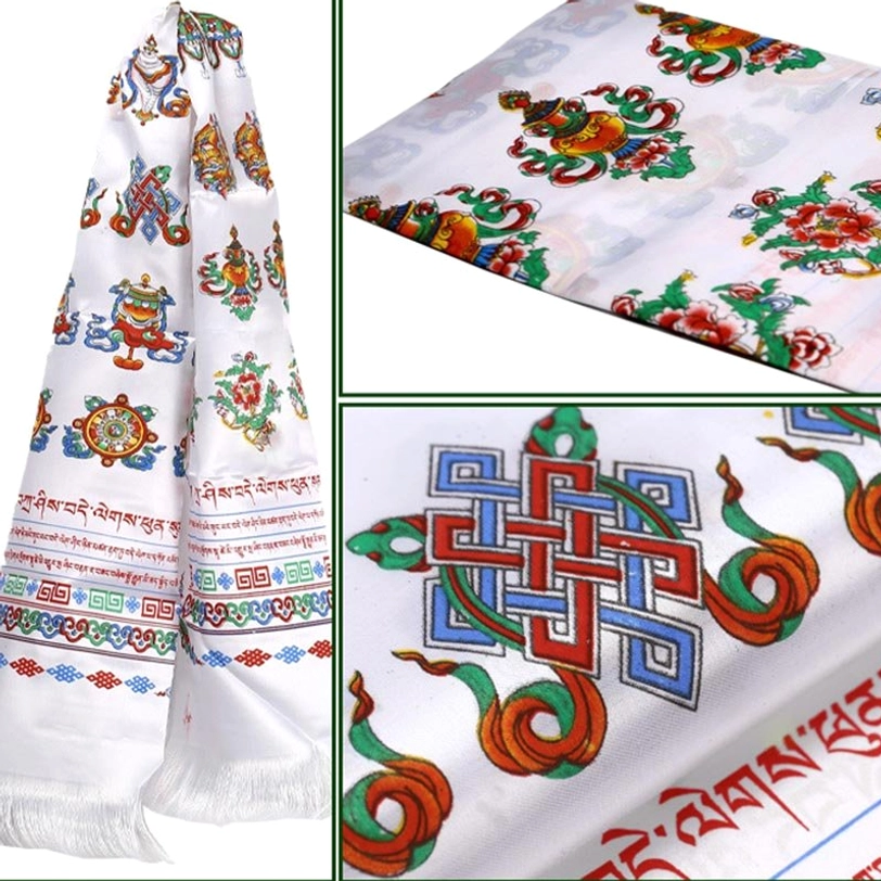 Flat lay composition of five-color Tibetan khata collection with all sacred color variations and printed auspicious Buddhist symbols