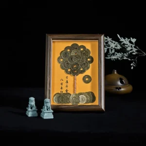 Five-Emperor Coins Tree Frame three-quarter perspective showing bronze coins detail and wood grain finish with decorative placement