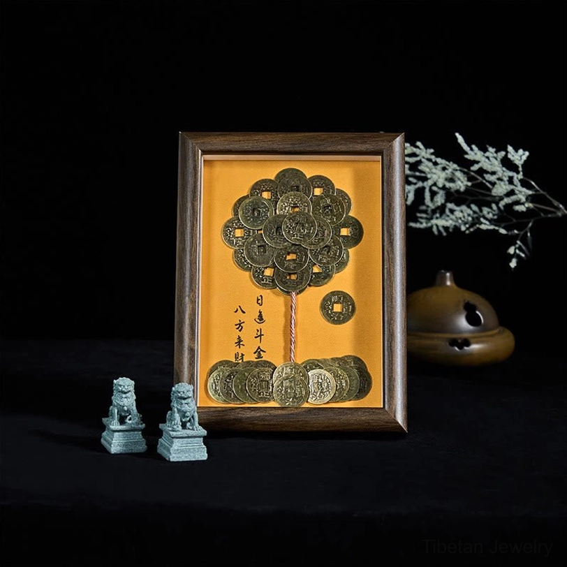 Five-Emperor Coins Tree Frame three-quarter perspective showing bronze coins detail and wood grain finish with decorative placement