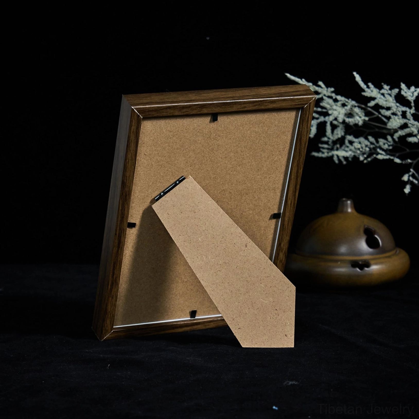 Five-Emperor Coins Tree Frame back assembly showing integrated cardboard kickstand and brown wood frame finish for desk display